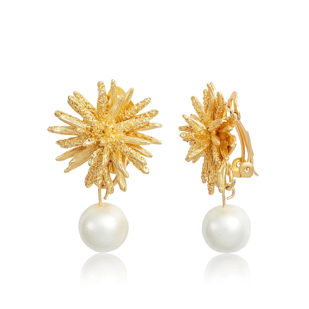 KARINE SULTAN - Starburst Clip-Ons Statement Earrings with Pearl Drop: Silver