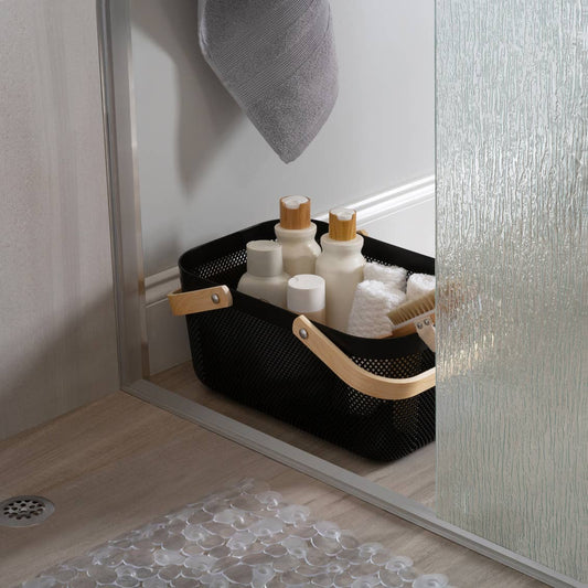 Moda at Home Enterprises, Ltd - N&T PLEXUS MESH STORAGE BASKET BLACK W/ WOODEN HANDLE 17L