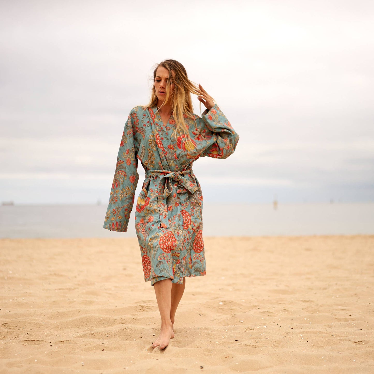 Linen Connections - Cotton Kimono Bathrobe Frida Waffle Robes Blue Floral Print