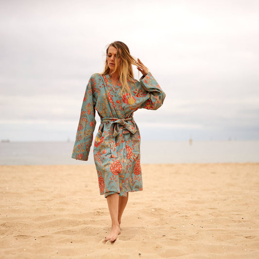 Linen Connections - Cotton Kimono Bathrobe Frida Waffle Robes Blue Floral Print