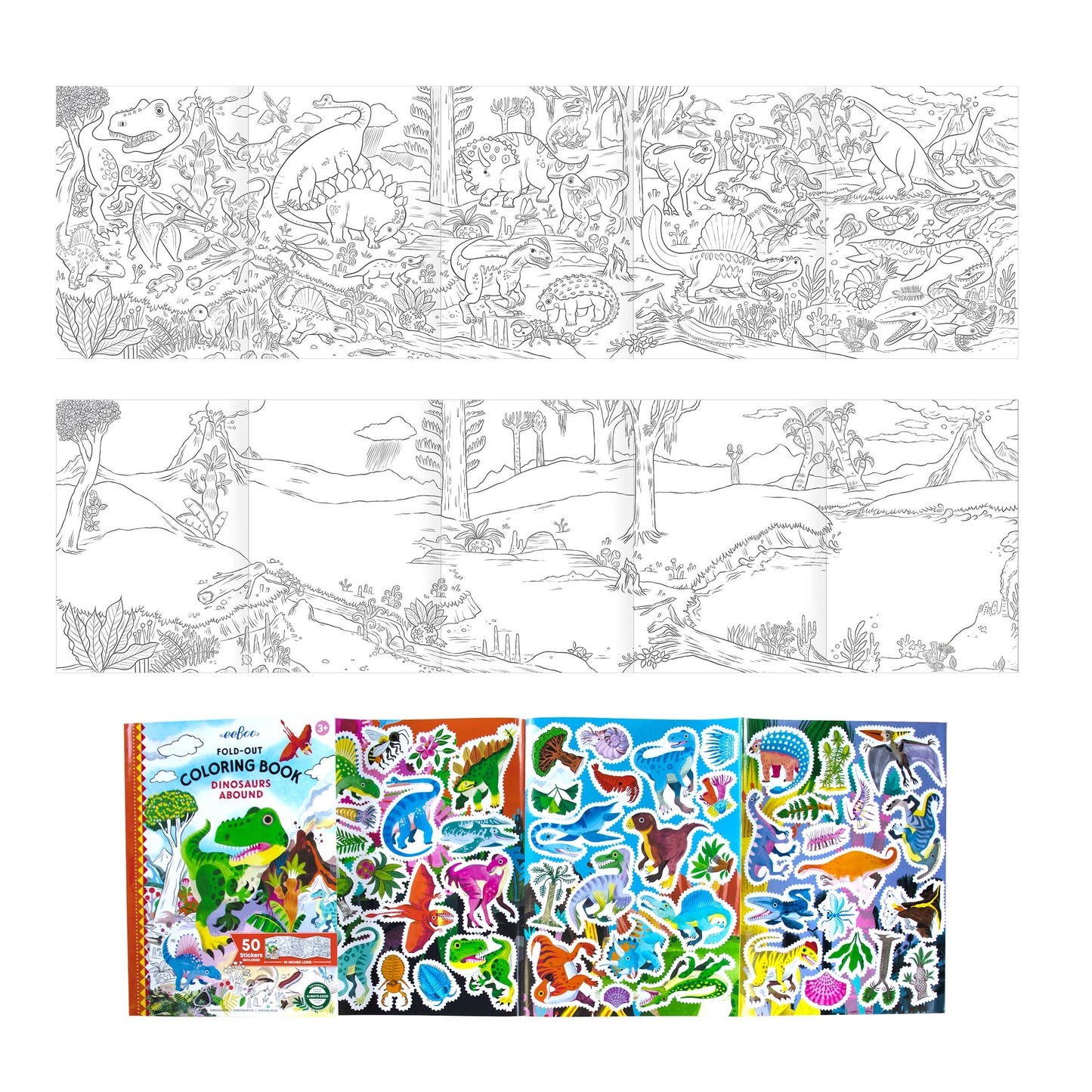 eeBoo - Dinosaurs Abound Fold-Out Coloring Book with Stickers