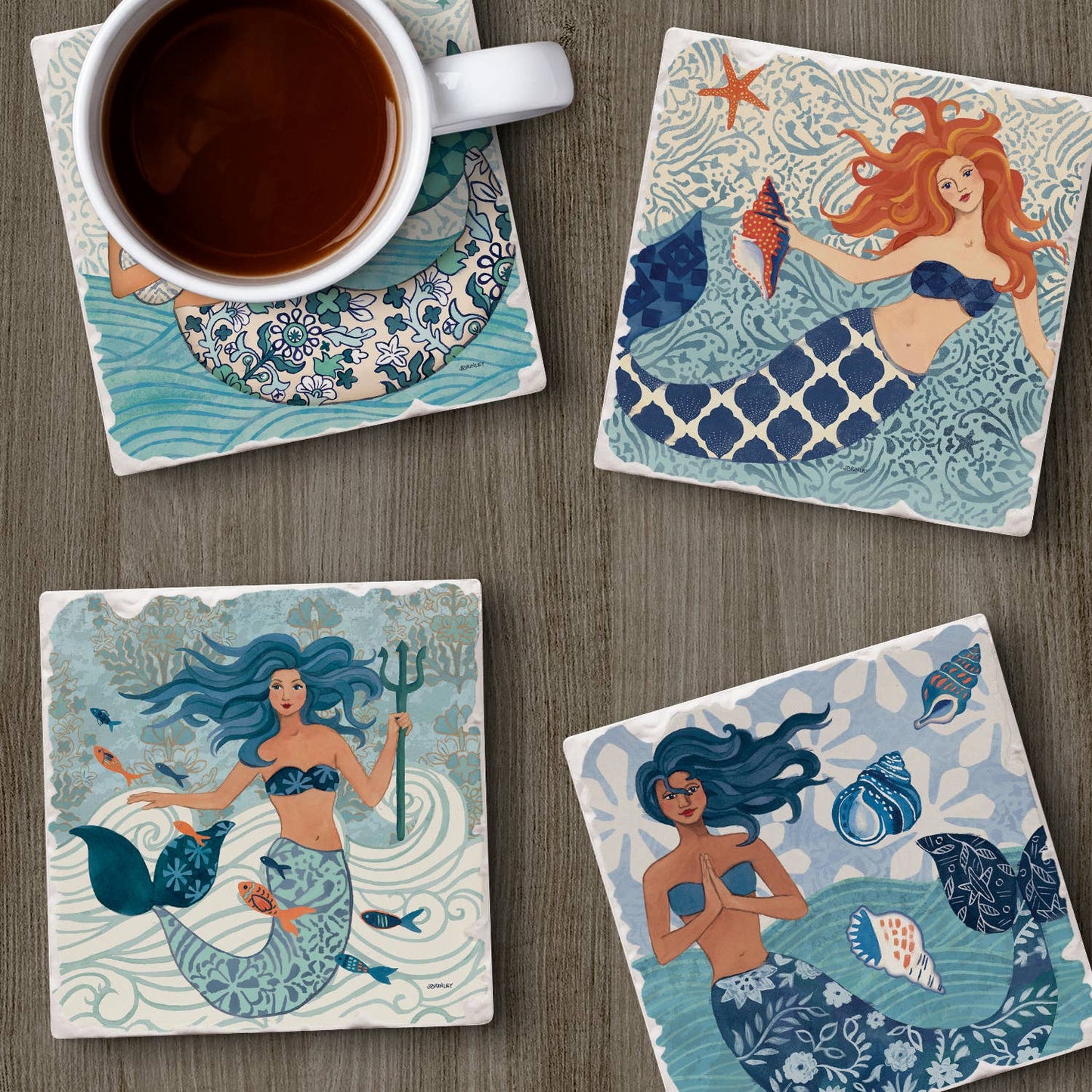 CounterArt/Highland Home/Thirstystone - Mermaid Island Assorted Image Tumbled Tile Coaster 4 Pack