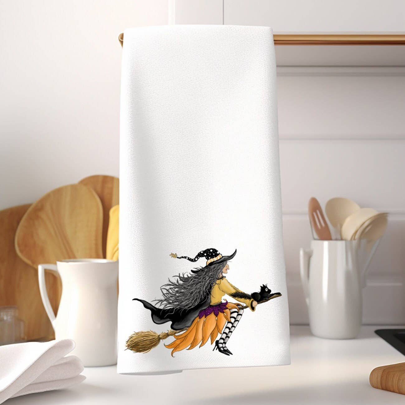 Fernville Creations - Halloween Witch & Broom Hand Tea Towel for Home Decor