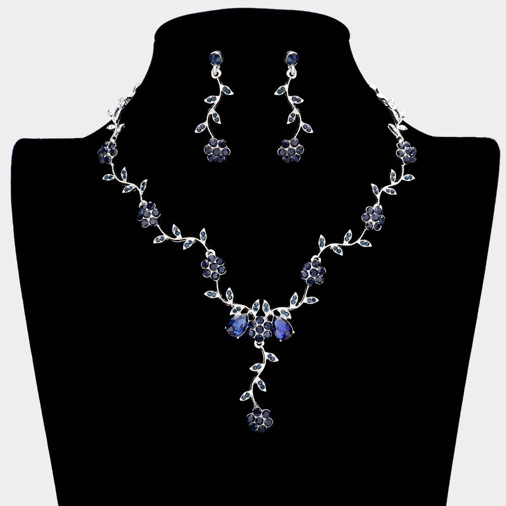 Sensibling Corp. - Flower Leaf Cluster Vine Rhinestone Necklace: Blue