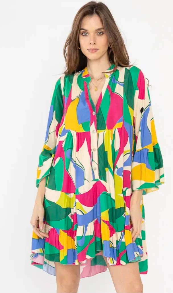 LOOWIE - 9802-3 Green One Size Italian Geometric Short Printed Dress