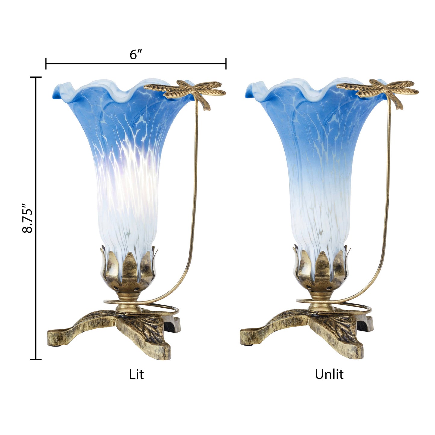 River of Goods - 9"H Blue & White Handpainted Glass Dragonfly Lily Lamp