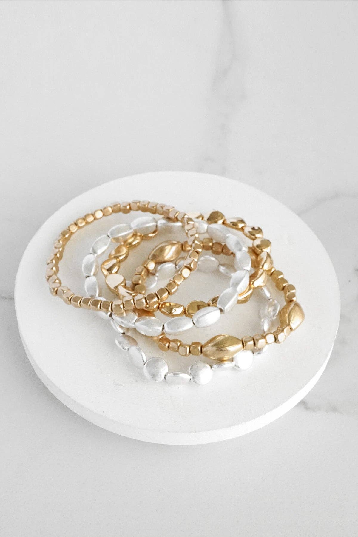 PennyLine inc - Boho Gold and silver Beaded Bracelets stack of 5: Worn Silver Tone