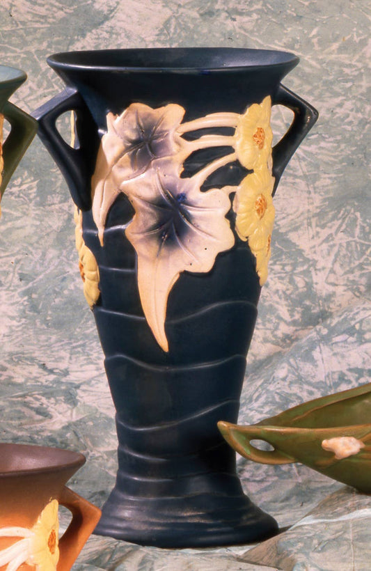 AA Importing - Roseville-Style, Luffa Vase in Blue & Brown, 13": Blue