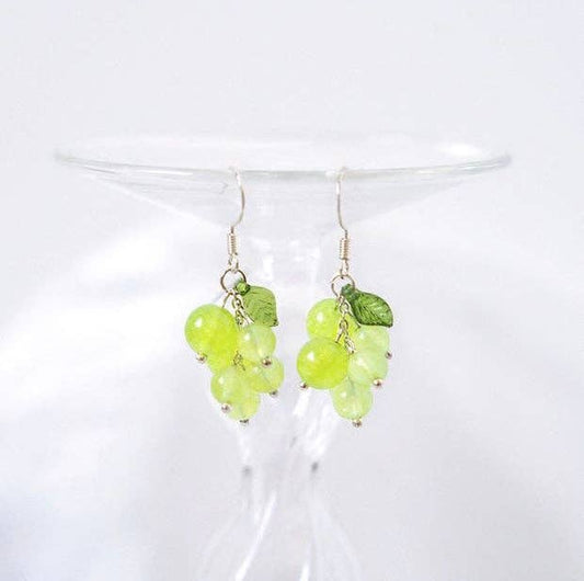 Haengseongworkshop - S925 Silver Lavender Jade Green Agate Amethyst 5-6mm Grape Leaf Dangle Earrings: Green