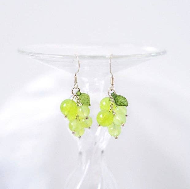 Haengseongworkshop - S925 Silver Lavender Jade Green Agate Amethyst 5-6mm Grape Leaf Dangle Earrings: Purple