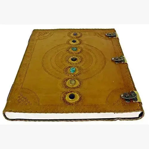 Tuzech Leather - Tuzech Handmade Vintage Seven Chakra Stone Embossed Diary: Brown / 10 x 7 inch / Unlined
