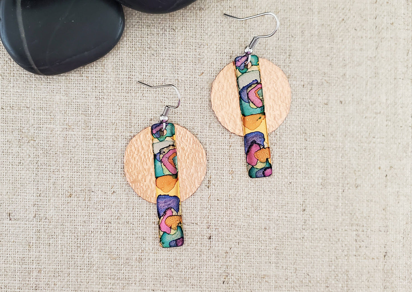 Covaly Artisan Jewelry - Alcohol Ink Long Circle Layered Earrings: Pinks