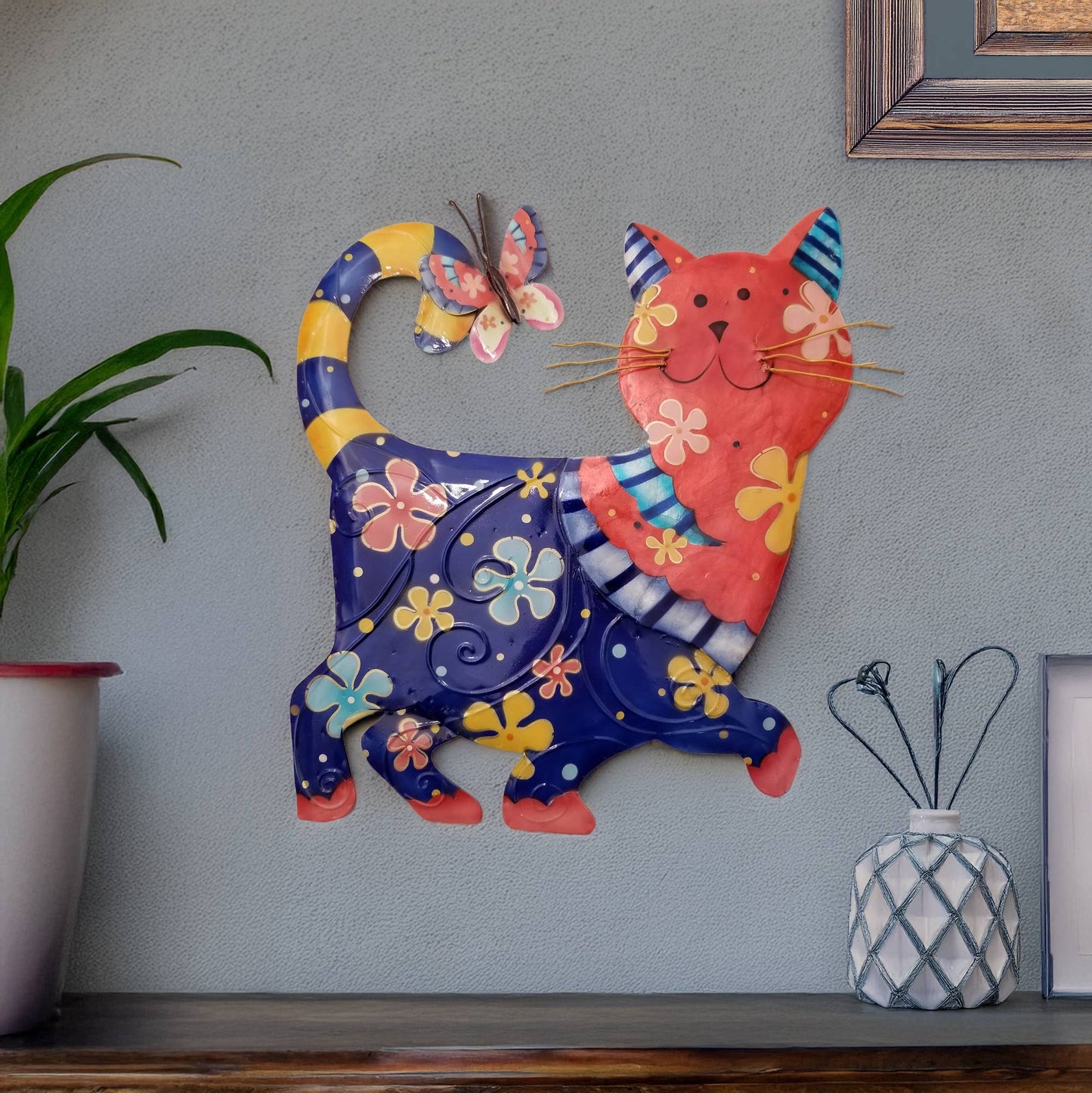 Eangee Home Design - Cat Wall Decor Blue And Red, Capiz & Metal, Outdoor Safe