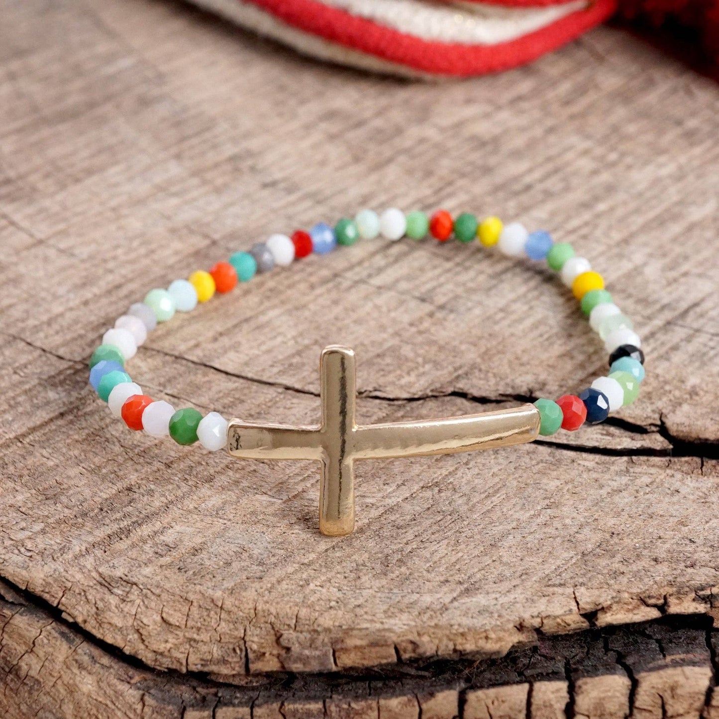 PennyLine inc - Minimal Sideways Cross Bracelet with Glass Beads Gold tone: Champaign Glass Beads