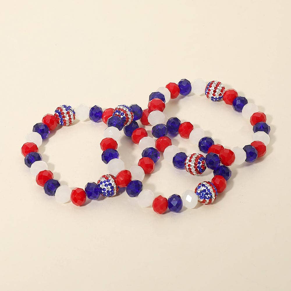 Sensibling Corp. - 3PCS - American USA Flag Shamballa Ball Faceted Beaded Stretch Multi Layered Bracelets