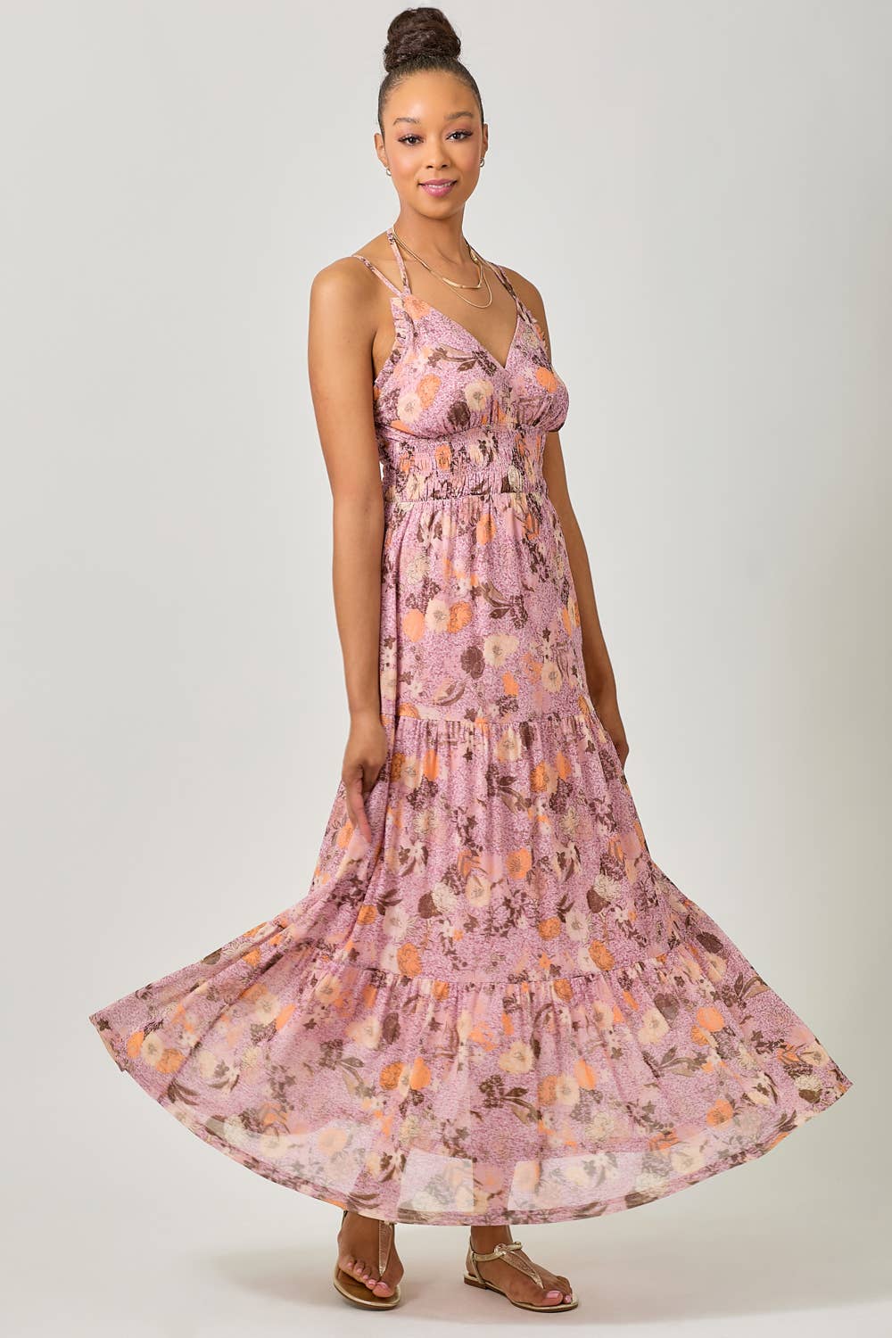 Mystree - 61048 Printed Mesh Long Tiered Dress: Ivory/Pale Blue / Small