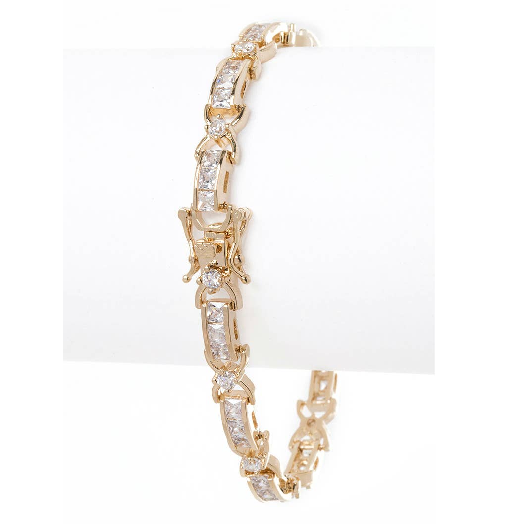 Artini Accessories - Tri Stone Cross Cubic Zirconia Tennis Bracelet: Gold