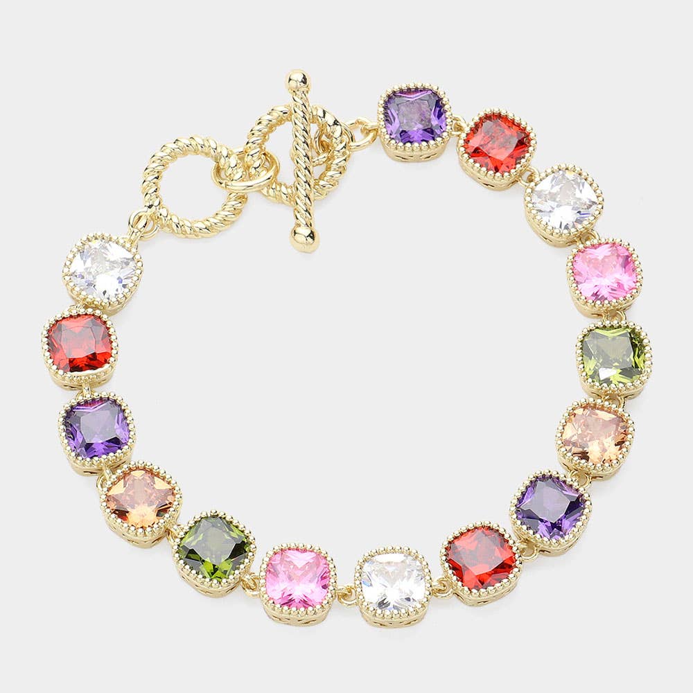 Sensibling Corp. - 14K Gold Plated Square CZ Stone Link Evening Toggle Bracelet: Purple
