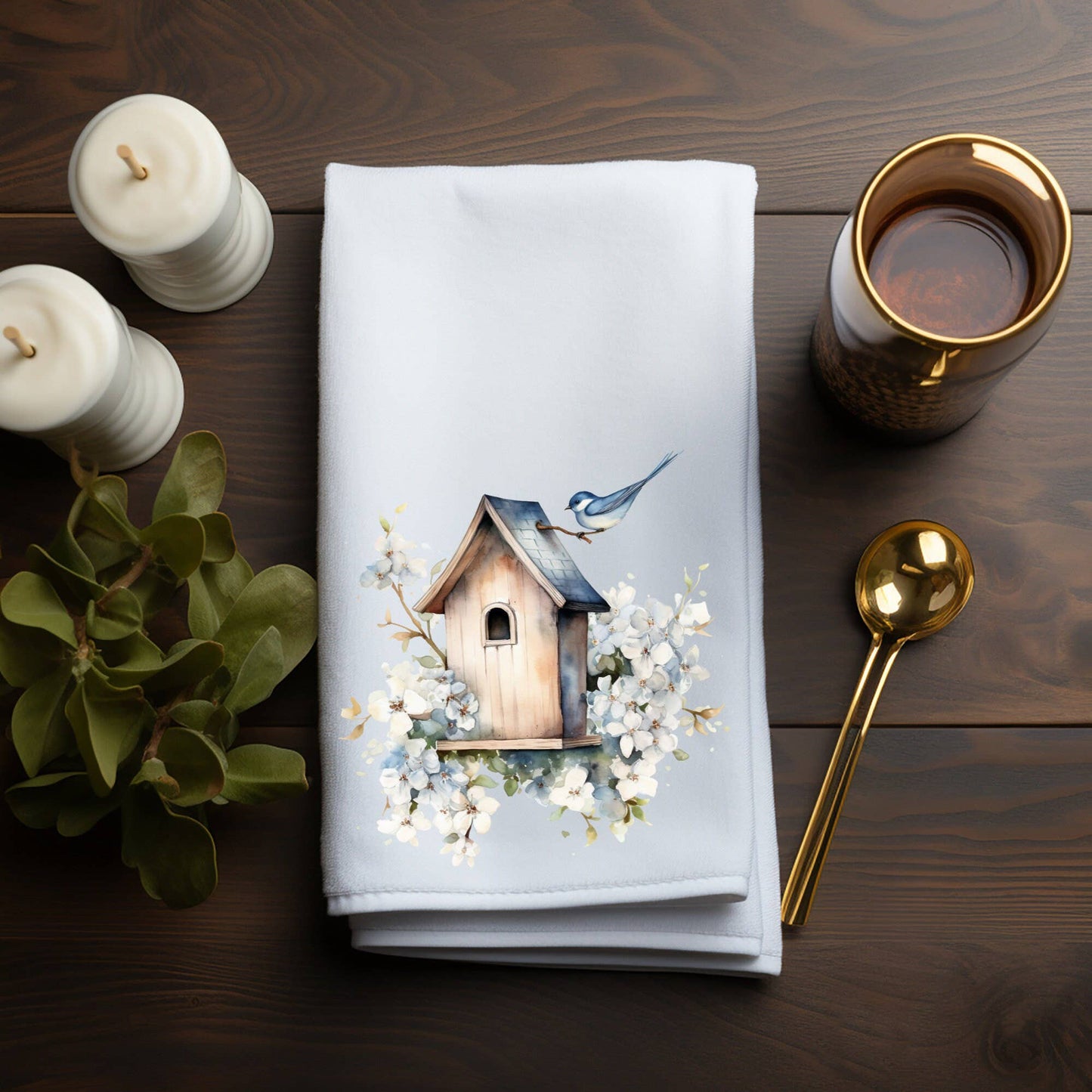 Fernville Creations - Birdhouse Printed Hand Towel with Blue Floral Accents