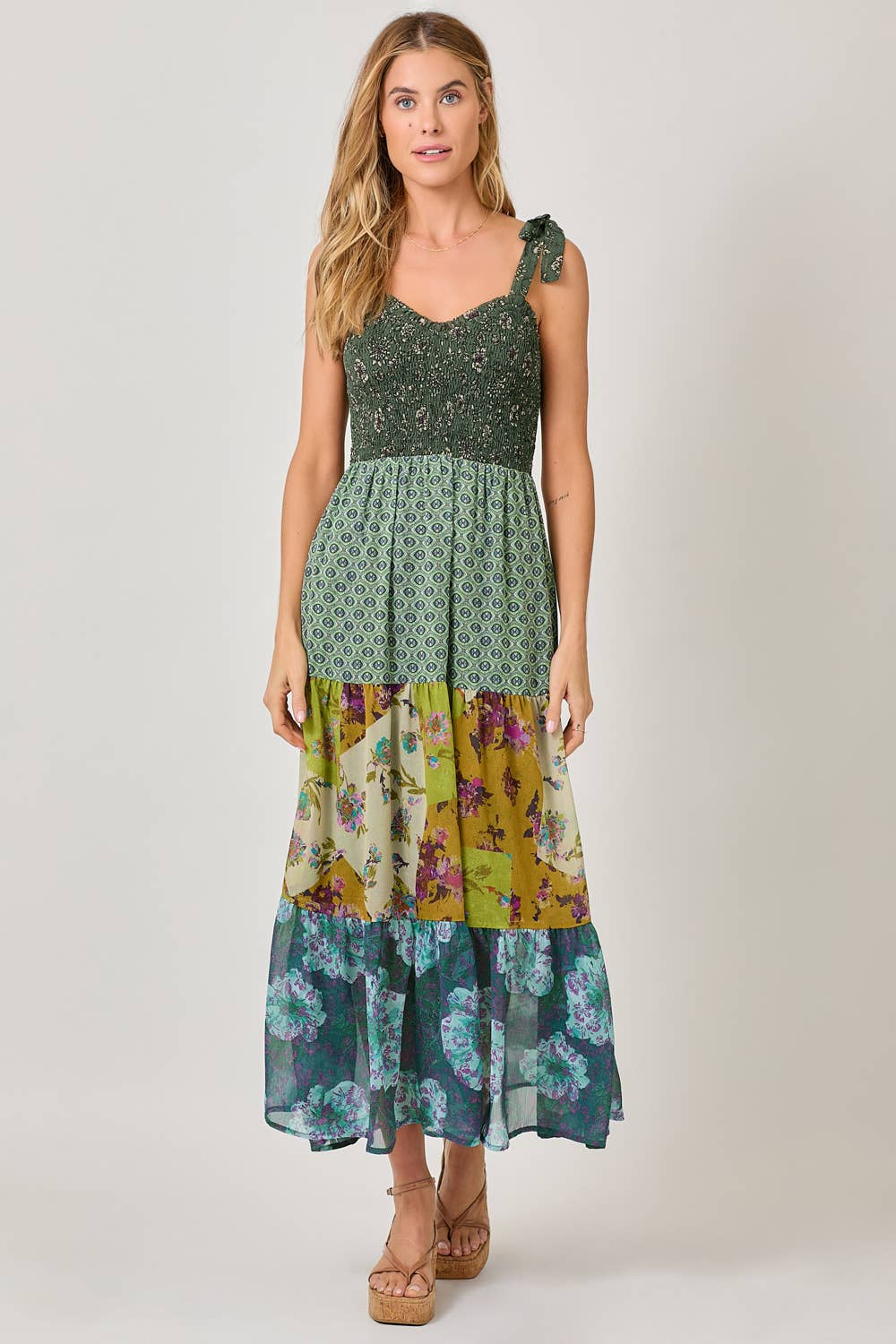 Mystree - 61078 Strap Tied Smocked Top Tiered Long Dress : Emerald Mix / Medium