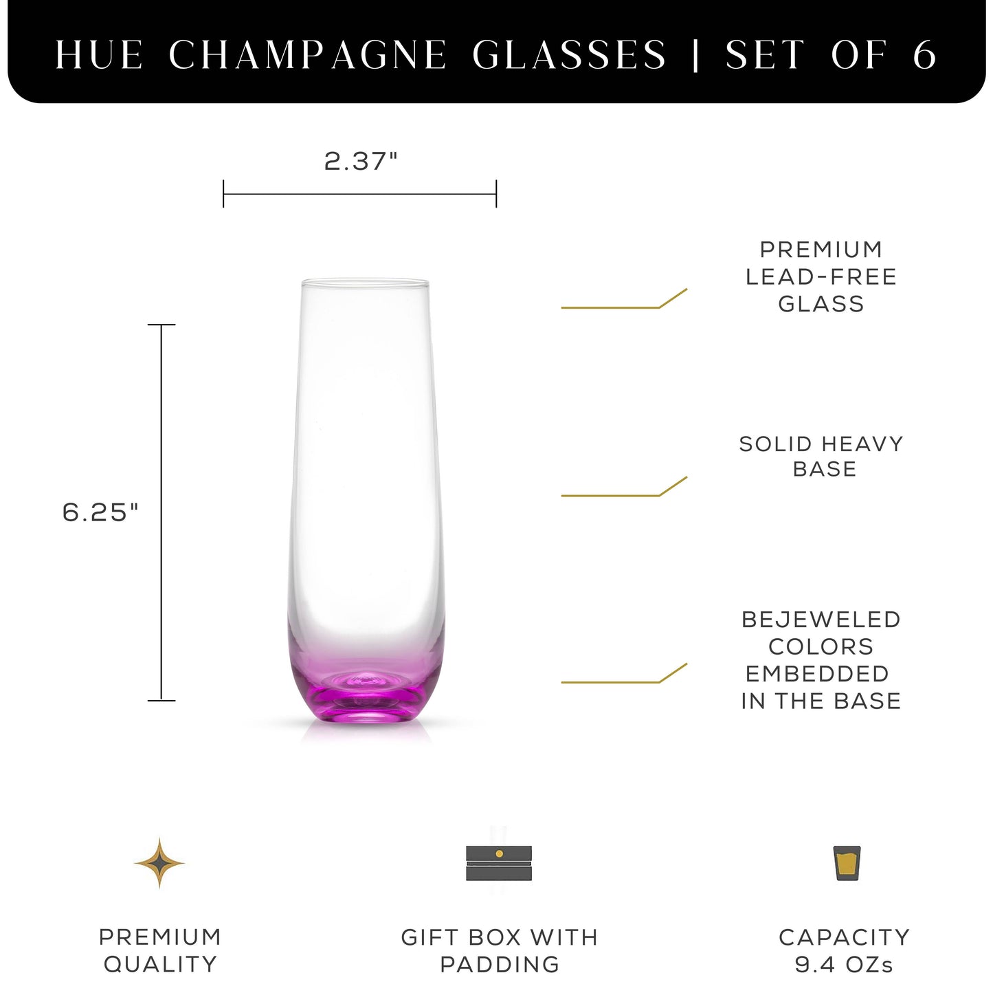 JoyJolt - Hue Colored Stemless Champagne Flutes Glasses, Party Glasses