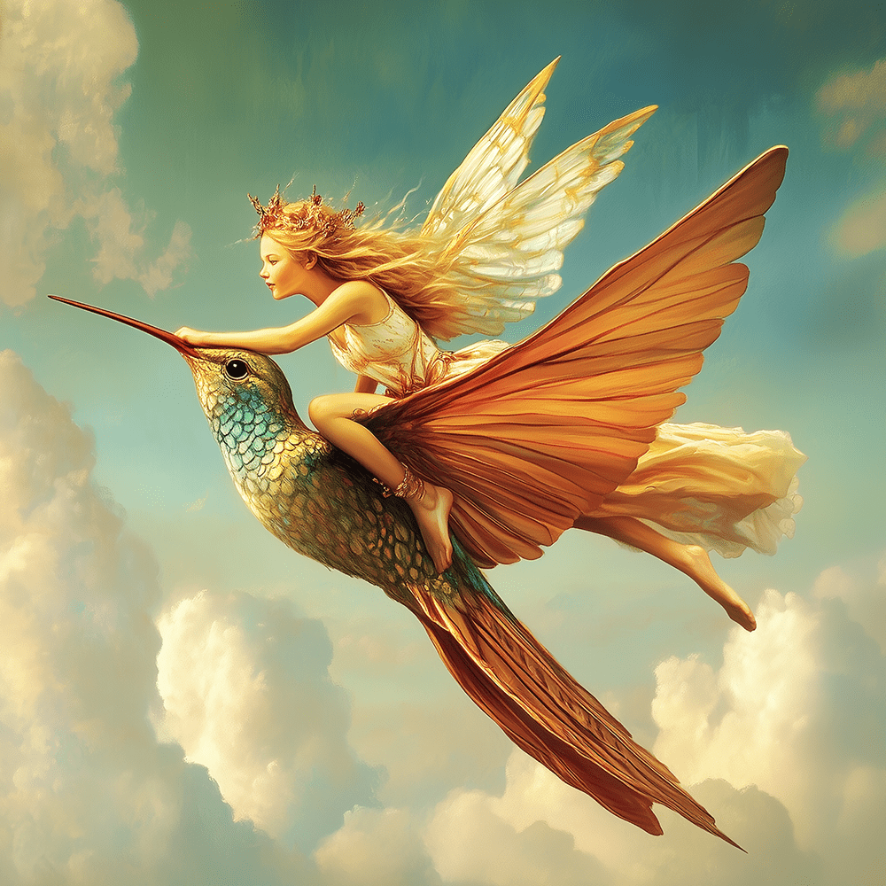 Mowbi - Fairy Riding a Hummingbird -  Fairy Art Prints – 8″x8″ Artwork in 12″x12″ Mat