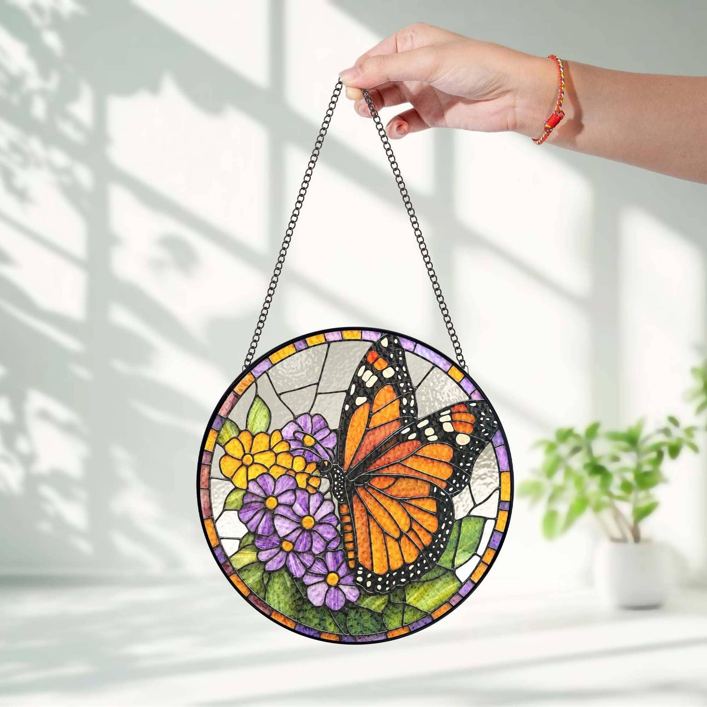 NVC Ecommerce LLC - Monarch Butterfly Stained Glass Suncatcher, Flowers Ornament: 11.8in