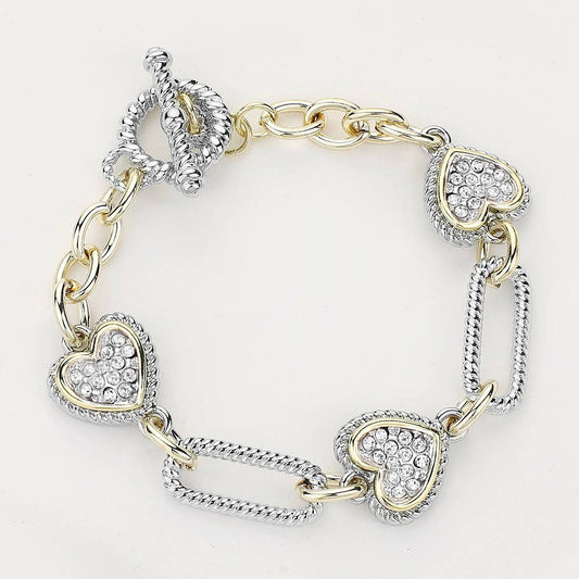Sensibling Corp. - 14K Gold Plated Paved Heart Textured Link Toggle Bracelet: PAVE