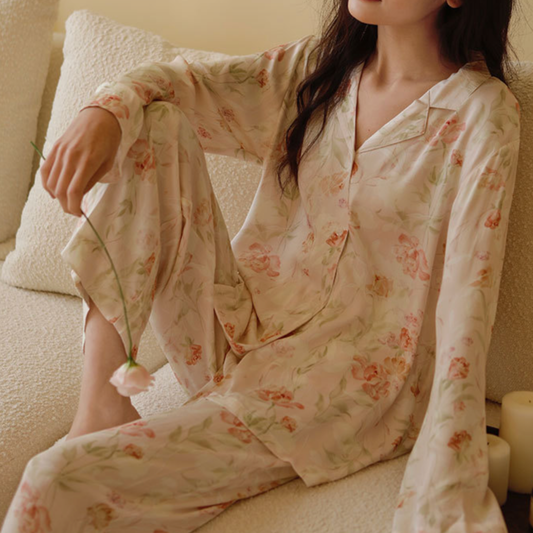 DrifWoo - Elegant Floral Long Sleeve Pajama Set – Soft & Breathable: Beige Rose / S