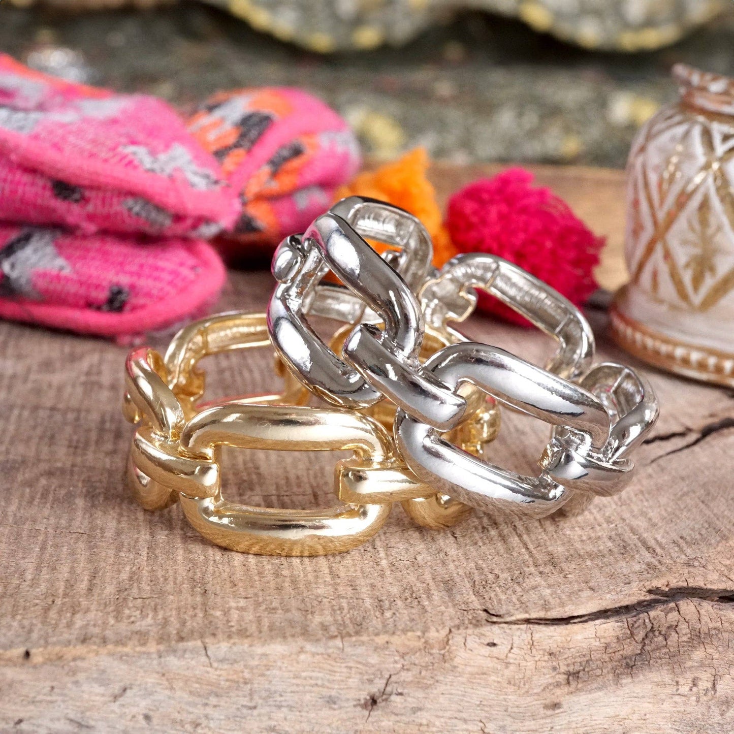 PennyLine inc - Chunky Chain Statement Stretchy Bangle Bracelet in gold or silver tone: Silver Tone