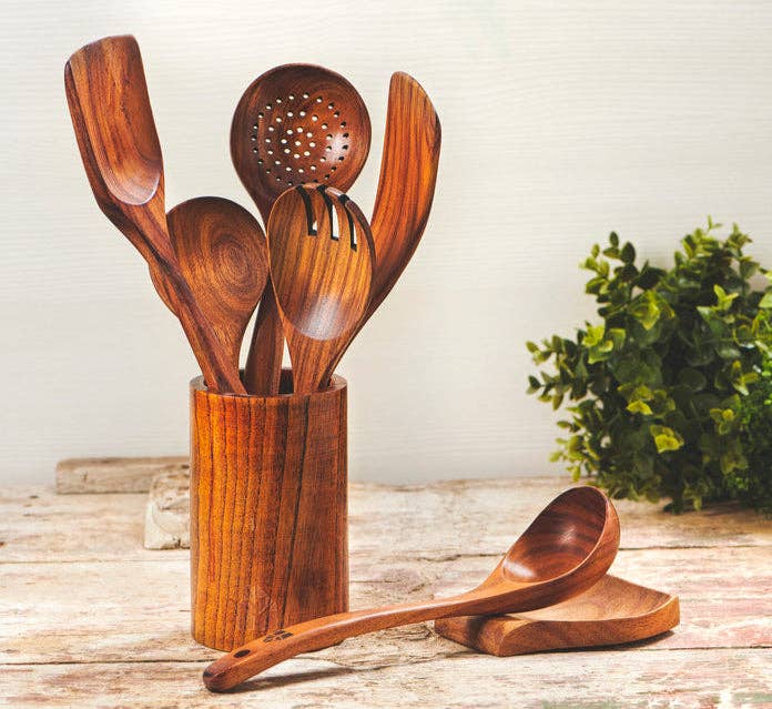 Woodenhouse - 12 pcs Wooden Utensils Set with Holder, Spoon Rest & Hooks
