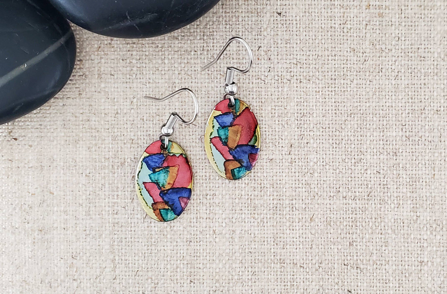 Covaly Artisan Jewelry - Alcohol Ink Stainless Steel Small Oval Earrings: Blue/Browns