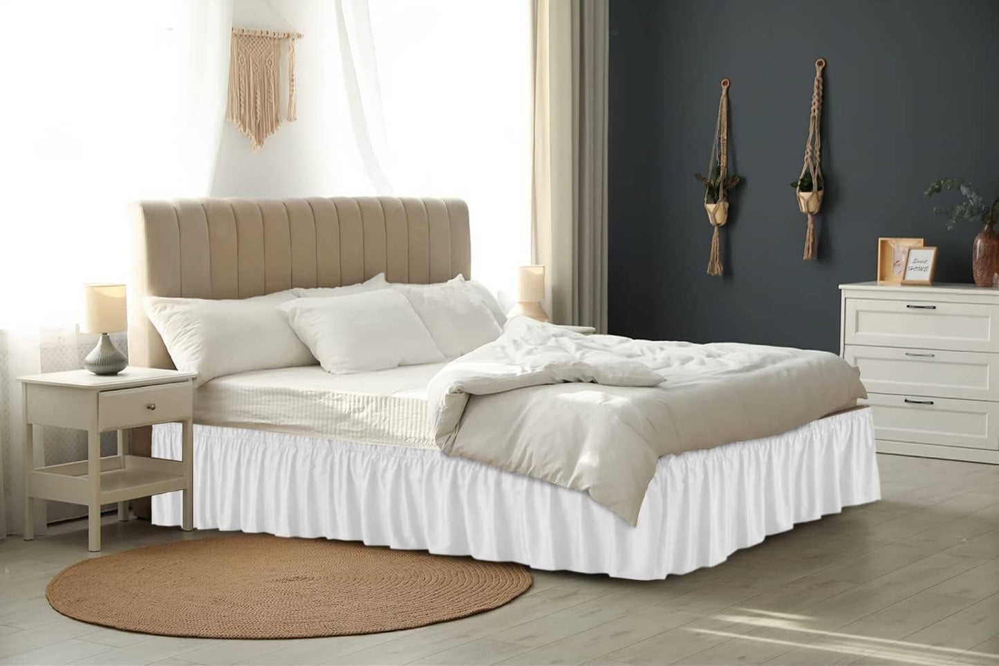CGK Unlimited - Elastic Wrap-Around Dust Ruffled Bed Skirt- Pleated 15" Drop: White / Queen