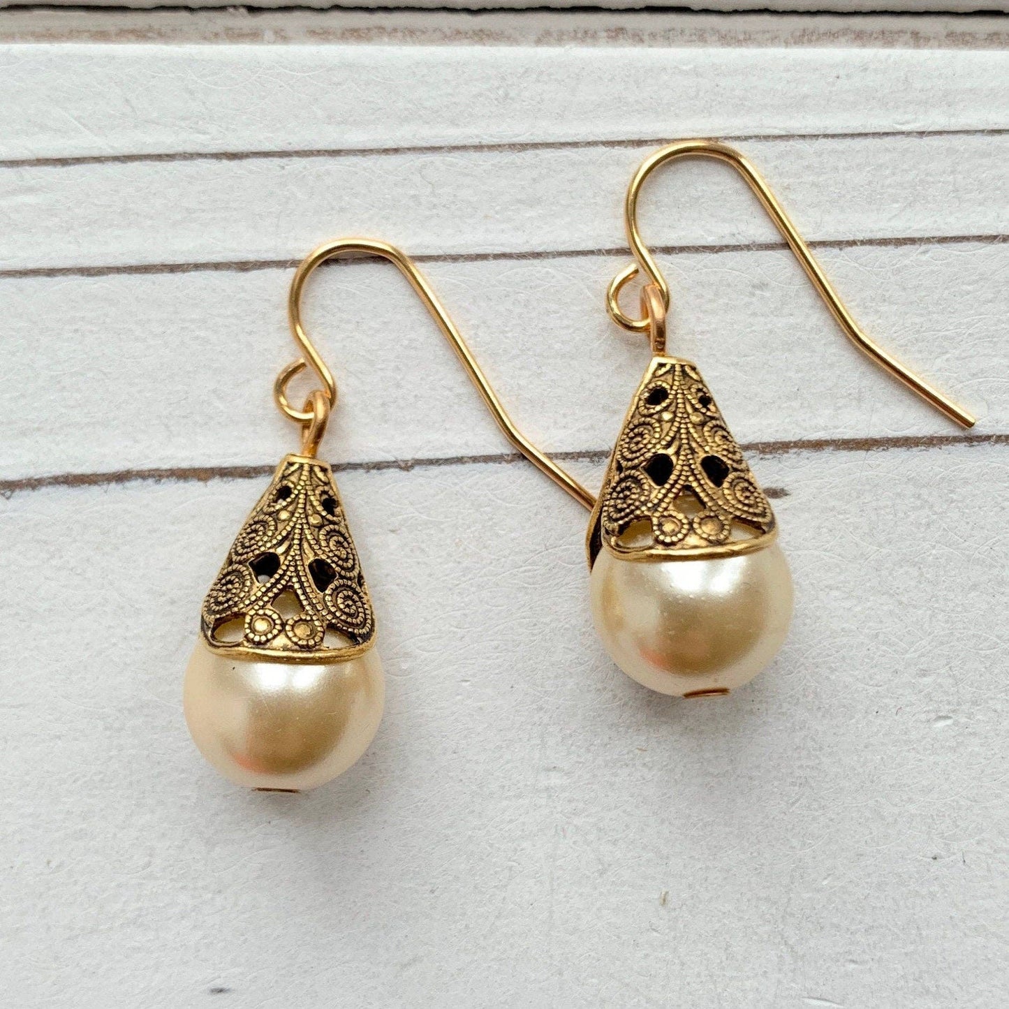 Lenora Dame - Filigree Bead Cap Pearl Earrings - 2 Pearl Color Options: White Pearl