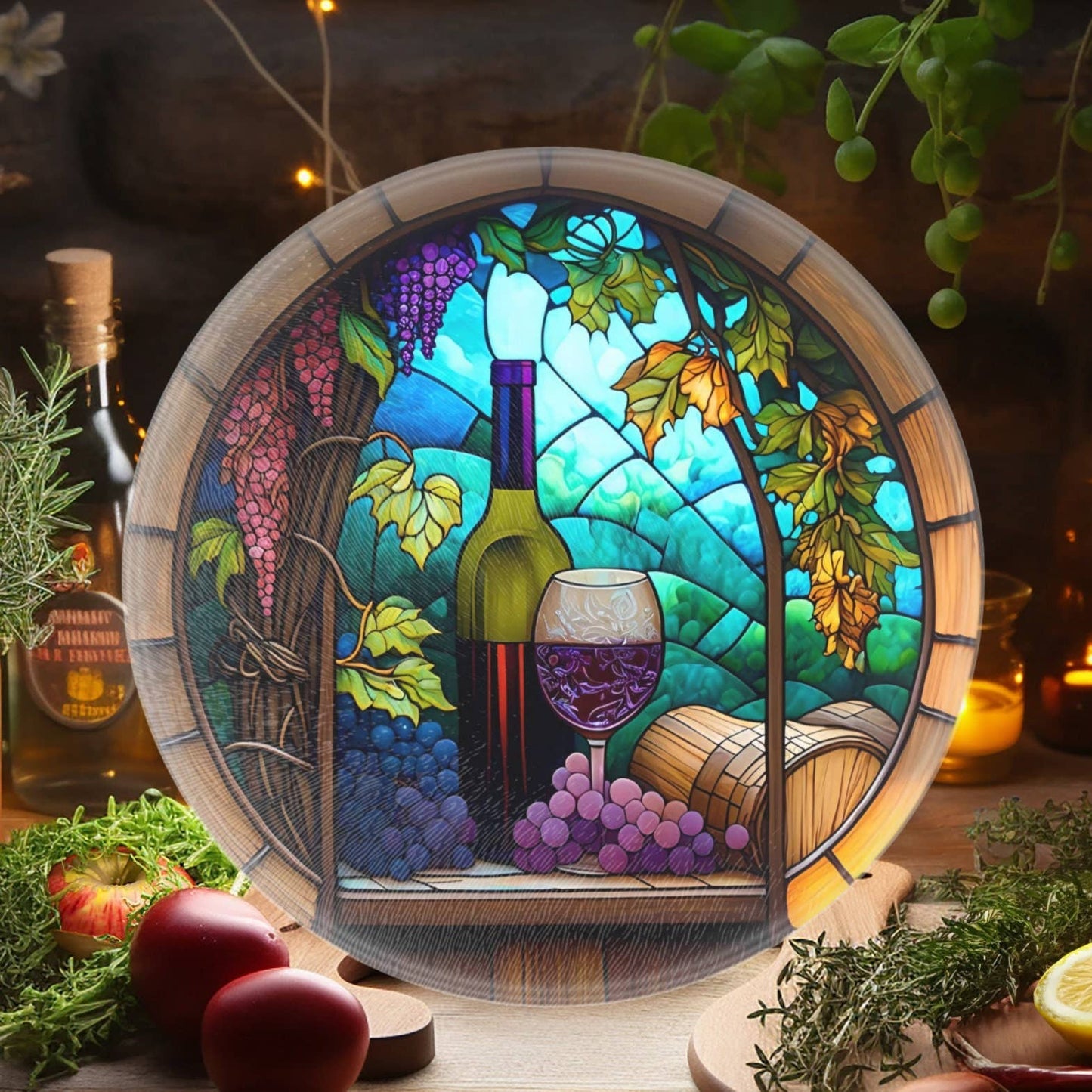Fernville Creations - Wine Theme Cutting Board, Printed Image on Tempered Glass: 12 Inch