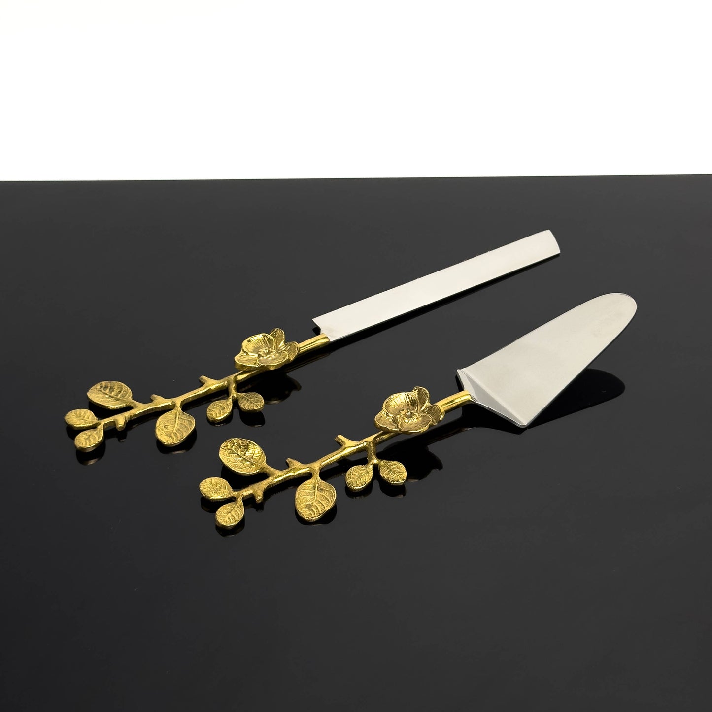 India Handicrafts Inc - Alu-Gold Floral Cake Servers, Set of 2
