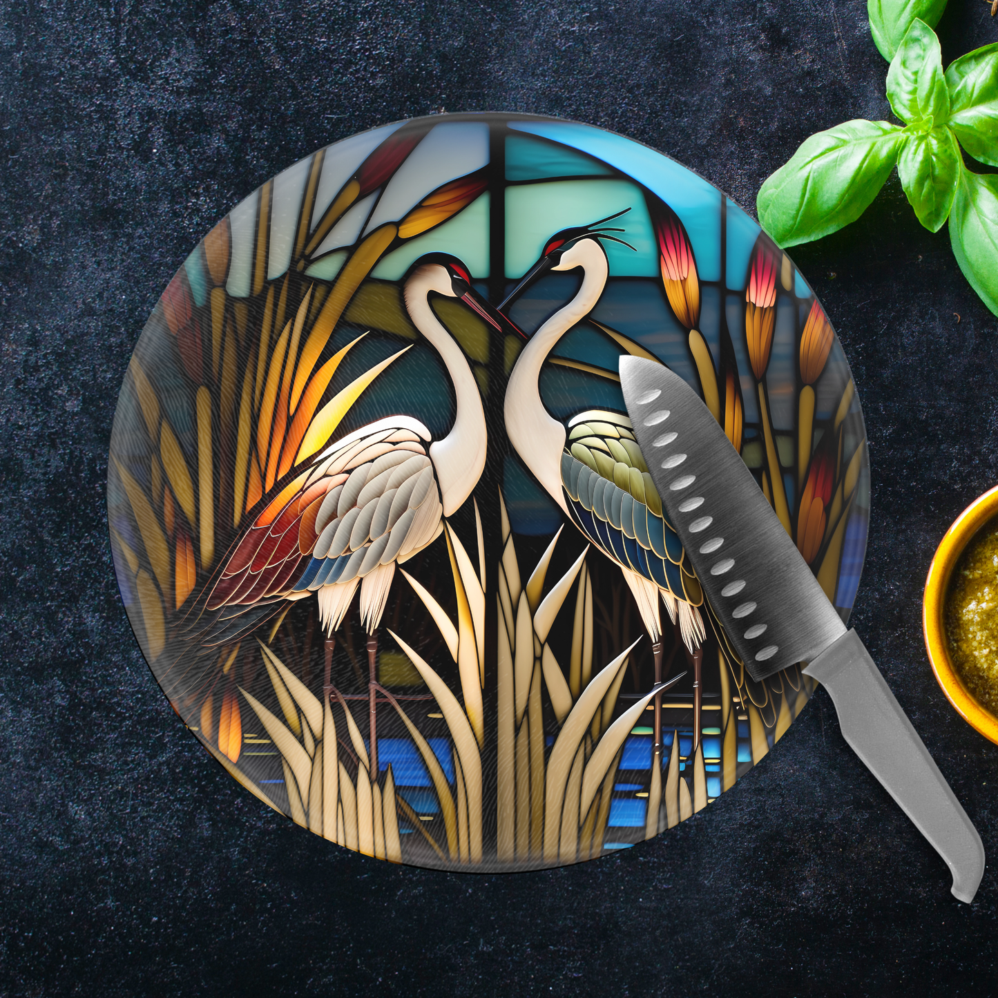 Fernville Creations - Crane Charcuterie Tempered Glass Cutting Board, Serving Tray: 12 - Inch