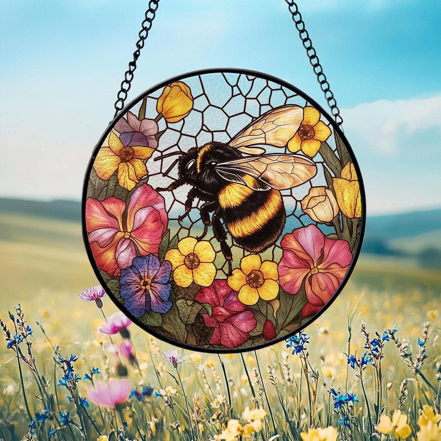 NVC Ecommerce LLC - Bee Wildflower Suncatcher, Bee Stained Glass Ornament: 11.8in