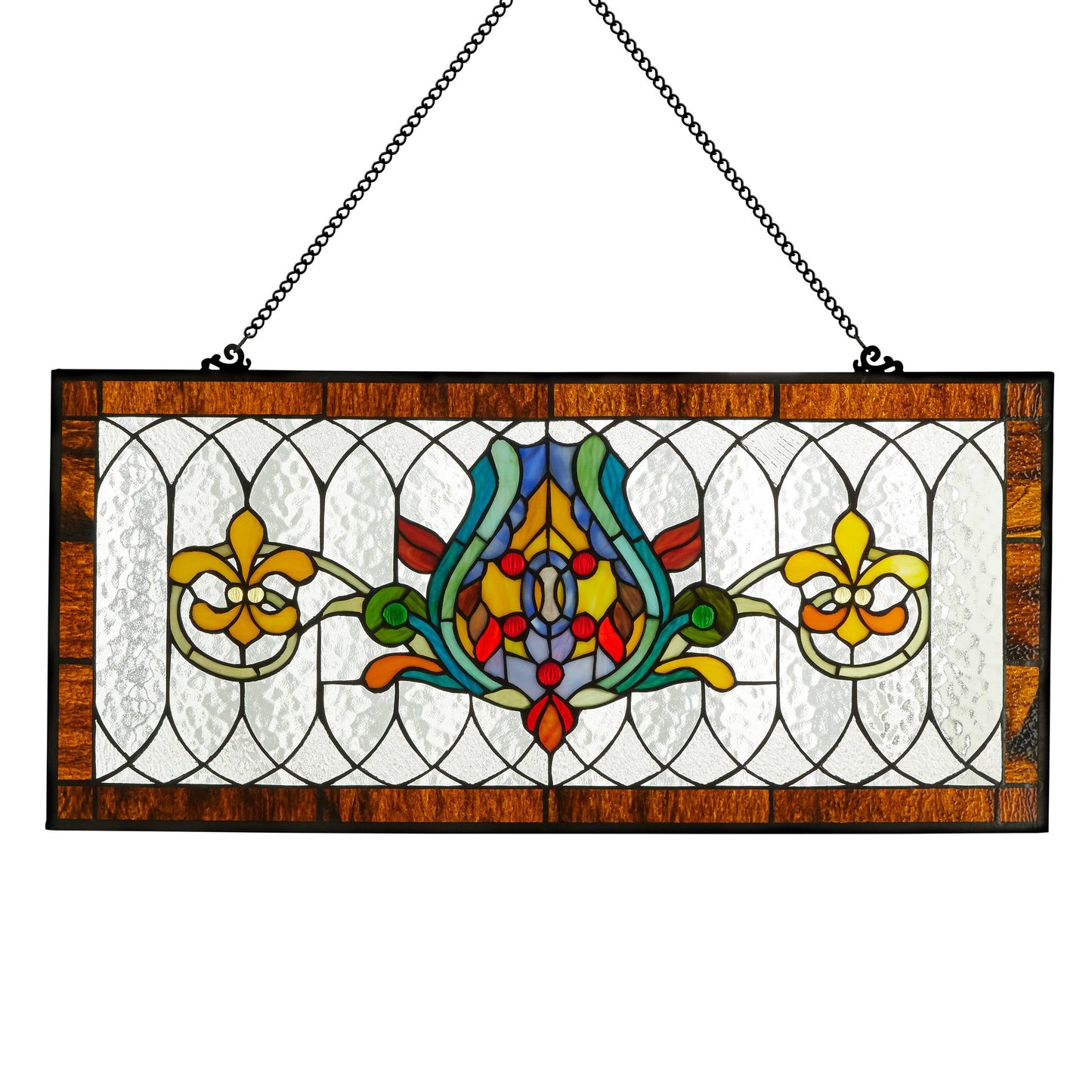 River of Goods - 30"L Fleur De Lis Victorian Stained Glass Pub Window Panel: Amber