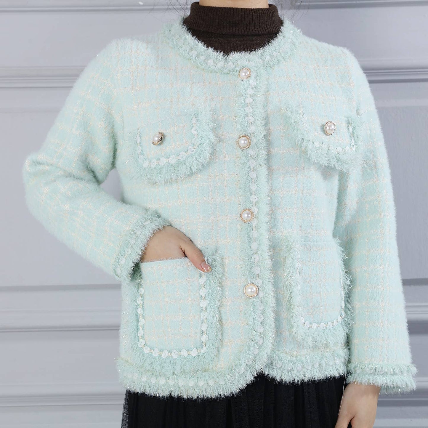 PEACH ACCESSORIES -  Fringed Hem and Cuffs Cardigan with Pearly Buttons SD187: Black