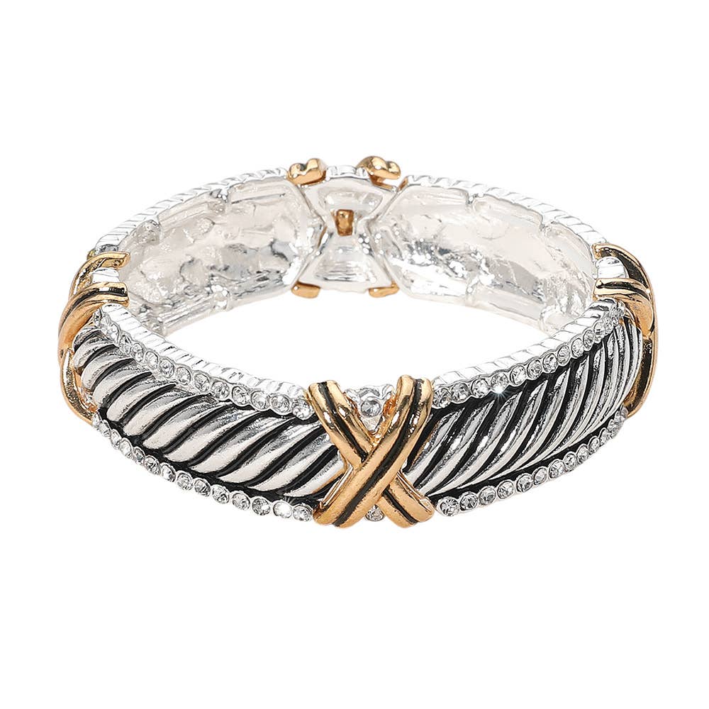 Sensibling Corp. - Two Tone Crisscross Accent Stone Bezel Rim Stretch Bracelet