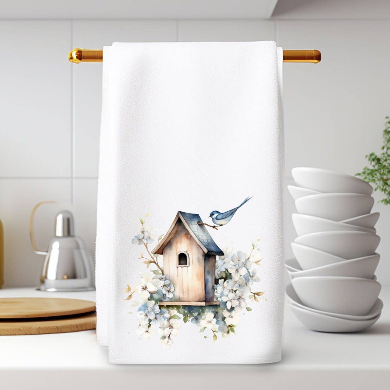 Fernville Creations - Birdhouse Printed Hand Towel with Blue Floral Accents