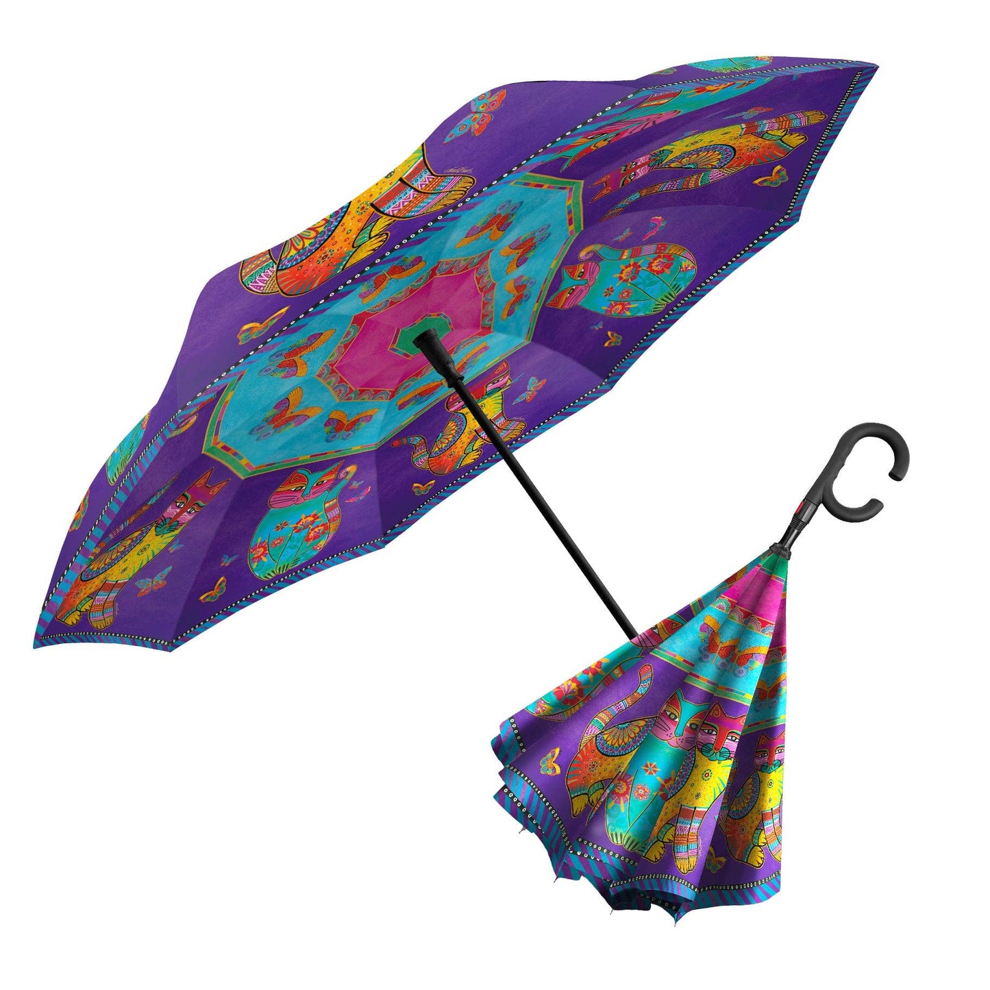 RainCaper - Laurel Burch Cats & Butterflies Reverse Inverted Umbrella – Hands-Free, Windproof Design