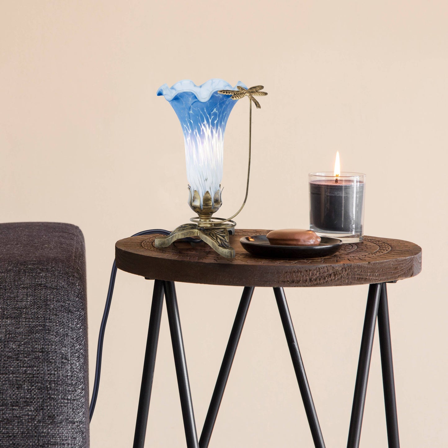 River of Goods - 9"H Blue & White Handpainted Glass Dragonfly Lily Lamp