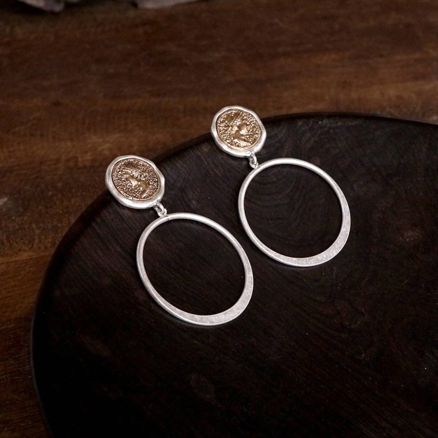 PennyLine inc - Boho Coin and Hoop Earrings – Silver & Gold Tone: Worn Silver Tone