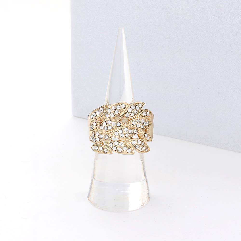 Wona Trading, Inc. - Stone Paved Leaves Stretch Ring: Gold