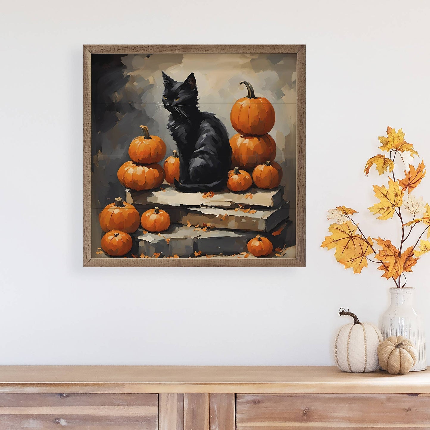 Kendrick Home - Black Cat With Pumpkin Stack: 12 x 12 x 1.5