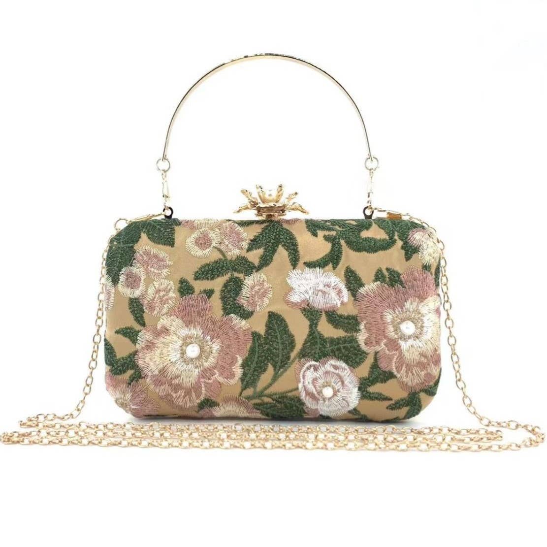 PEACH ACCESSORIES - OC4386 Floral embroidered clutch bag: Silver