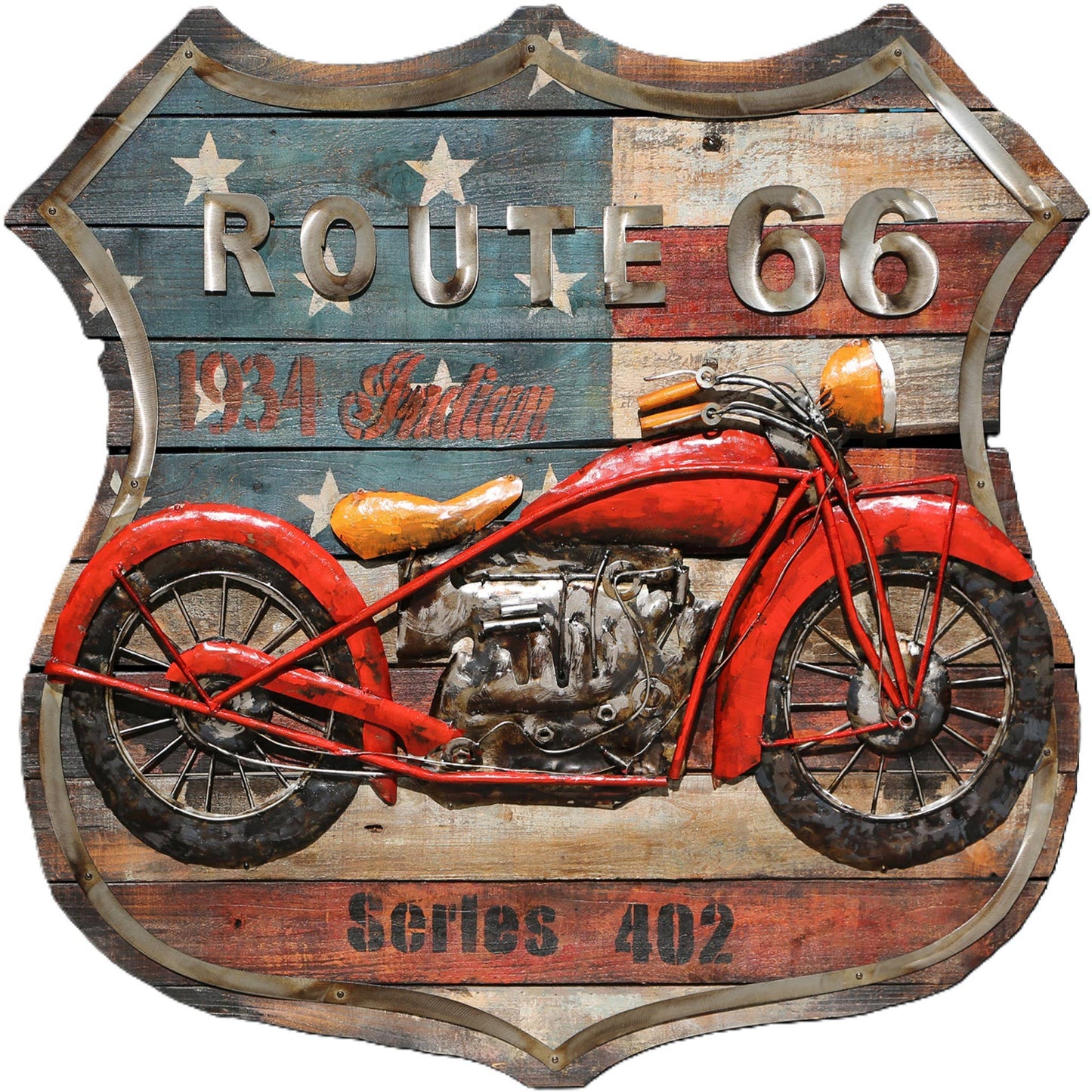Import Corner - 41116: 3D METAL WALL ART - ROUTE 66 SHIELD - CLASSIC INDIAN