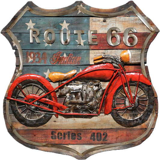 Import Corner - 41116: 3D METAL WALL ART - ROUTE 66 SHIELD - CLASSIC INDIAN